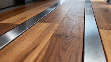 Closeup medium shot highlighting hybrid woodsteel floors emphasizing the blend of warmth from wood and robustness from steel in innovative architecture.