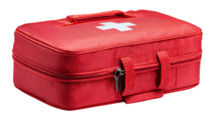 Red first aid kit bag with white cross symbol, representing medical emergency, healthcare, and safety supplies on transparent background