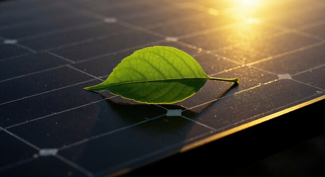 Solar Power & Green Leaf Harmony: A close-up showcases a solar panel with a vibrant green leaf, symbolizing renewable energy and environmental responsibility under the warm embrace of sunlight.