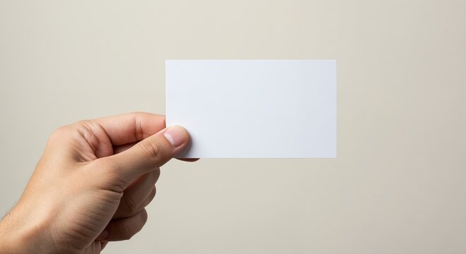 Blank Canvas of Opportunity: A hand delicately presents a crisp, white business card against a neutral backdrop, a symbol of potential and communication.