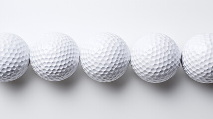 golf. An arrangement of multiple golf balls on a white background, showing texture. lifestyle magazines, social media lookbooks, designed for lifestyle magazines and social media content.