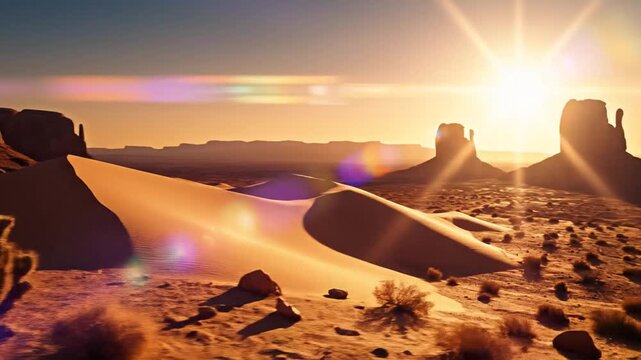 A sunlit desert scene with mesas and dunes under a bright sky. A cactus stands in the foreground