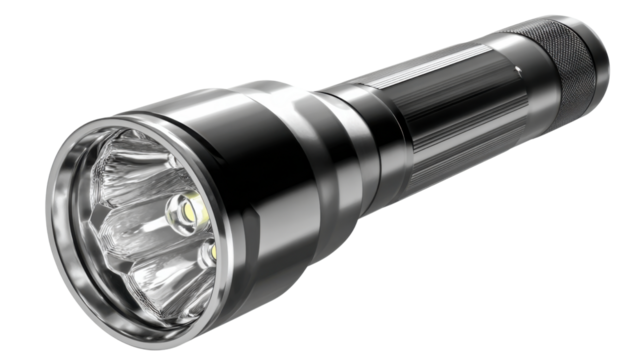 Modern electric torch offering reliable light, featuring a durable black and chrome metallic body and efficient led bulbs