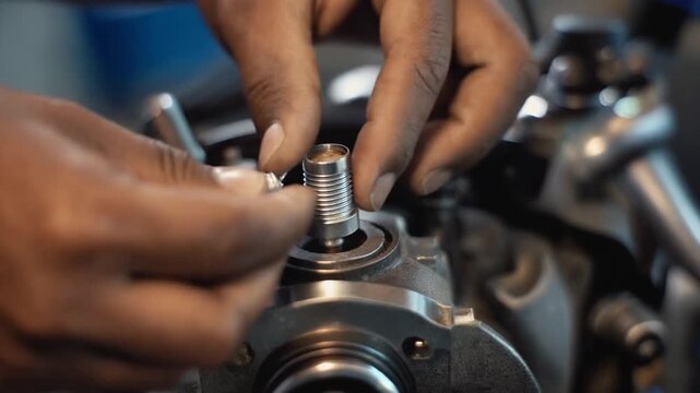 Mechanic hands installing a new spark plug into a motorcycle engine, macro detail, realistic