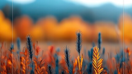 Obraz premium Close-up of colorful grasses in a field, with a blurred background of autumn foliage, showcasing a soft focus effect.