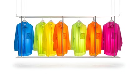 Vibrant shirts are arrayed on a rack in rainbow hues, creating a bold and modern fashion statement.
