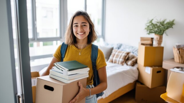 Smiling college student carrying cardboard boxes filled with books in a small studio apartment with cozy decor, showcasing excitement of moving in and settling down