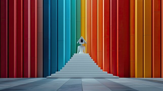 An abstract figure with a triangular head is sitting on a staircase in front of a colorful wall. The scene is indoors, with a modern and minimalist aesthetic.