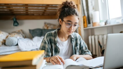 Young university student with curly hair, wearing glasses, studying at wooden desk in cozy rented room, surrounded by textbooks and focused on laptop, illustrating academic dedication