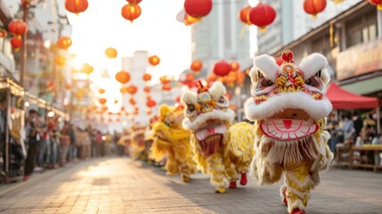 Colorful traditional dragon dance performed during a vibrant street parade, celebrating the festive spirit of Chinese New Year with lively atmosphere and cultural significance