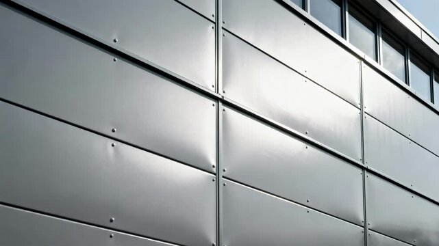 Medium frame capturing the application of coated metal sheets on a commercial building facade emphasizing weatherproof and modern design.