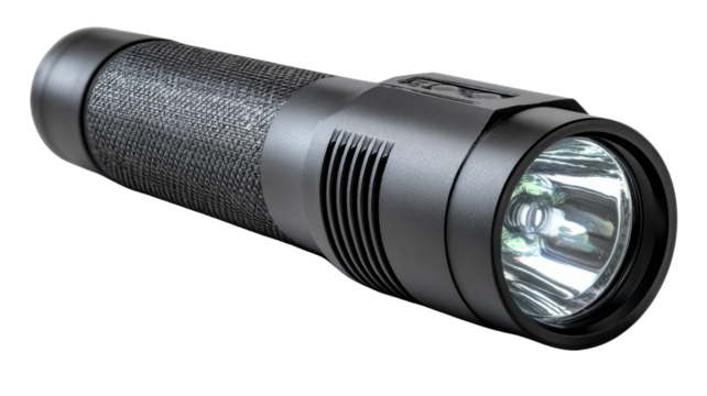 Black tactical led flashlight for emergency preparation, outdoor activities, or professional use, on transparent background