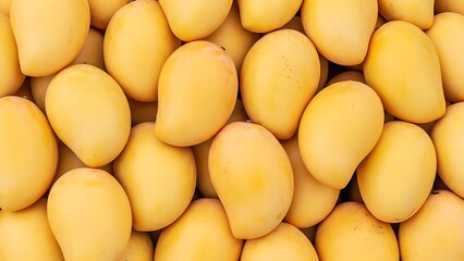 Vibrant yellow ripe mangoes stacked in a bountiful pile, showcasing their fresh, sweet allure and natural tropical beauty, ready for consumption, perfect for a healthy snack or ingredient