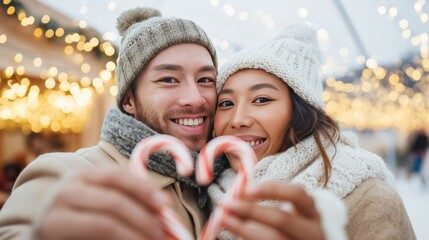 Couple holding two red and white candy canes together in heart shape, surrounded by festive lights, celebrating Valentine's Day or Christmas with love and joy in a cozy winter atmosphere
