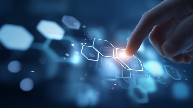 Exploring Interactive Technology: A Hand Engaging with Digital Hexagonal Interfaces in a Futuristic Environment