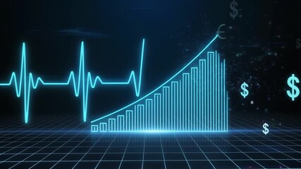 Dynamic financial health video showing currency symbols and vibrant heartbeat line, perfect for modern financial technology and investment themes - Powered by Adobe