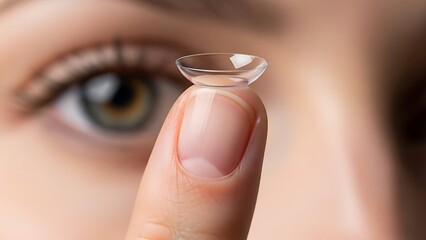 Detailed close-up of a clear soft contact lens resting on a human fingertip, symbolizing modern vision correction, advanced eye care technology, and enhanced optical comfort for daily wear