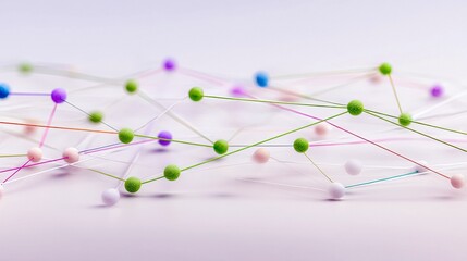 Close-up of a network of colorful spheres connected by lines, representing connections and relationships on a white background.