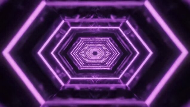 Abstract Neon Hexagonal Tunnel with Purple Lights and Reflections Futuristic Endless Corridor Motion Background
