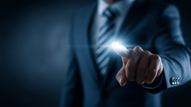 A Businessman Interacting with a Futuristic Touchscreen Interface Conveying Innovation and Technology in a Professional Setting