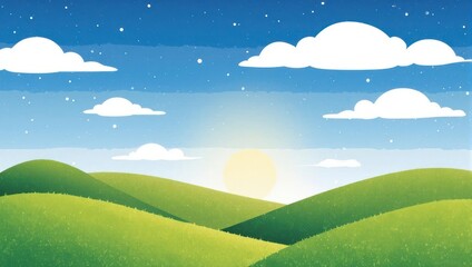 Obraz premium Cartoon illustration depicts rolling green hills, bright sun, clouds, and a starry sky