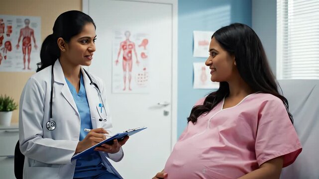 Indian Doctor Consulting Pregnant Woman in Hospital Setting
