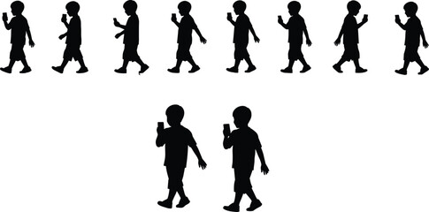 Childhood Digital Footprint, Boys Walking Outdoors While Engaged with Mobile Phones, Technology Addiction, Youth Smartphone Usage.