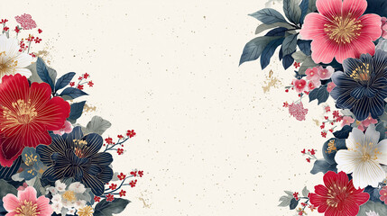 水彩で描かれた花柄の和風背景デザイン。柔らかな色彩が上品な印象を与え、Webバナーやギフトカード、イベントチラシなどに適した装飾用の画像素材。