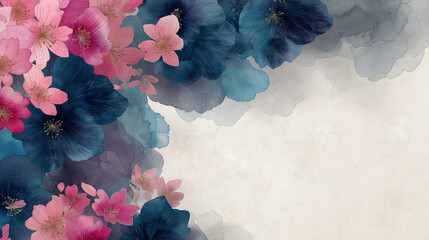 和柄の花模様が美しく広がる水彩背景素材。優しい色合いと繊細なタッチが特徴で、年賀状やポスター、パッケージデザインなど幅広い用途に使える装飾イラスト。