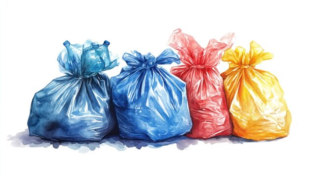Colorful plastic garbage bags, watercolor style, isolated on white background, possible use for environmental awareness or recycling theme