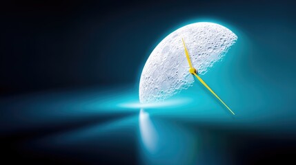 A conceptual image featuring a moon-shaped clock with yellow hands, set against a dark blue background with a glowing light.