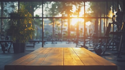 Empty wooden table in gym at sunset. Use for product display