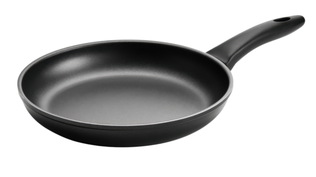 Black non-stick frying pan, kitchen cookware utensil for home cooking meals, isolated with transparent background