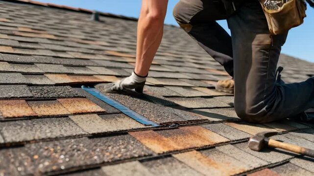 Medium shot capturing a roofer inspecting and adjusting overlapping layers of asphalt shingles to ensure water resistance.