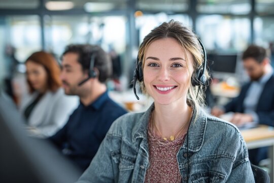 Cheerful Customer Service Representative in Modern Office Environment Dedicated to Assisting Clients with Expertise and Professionalism