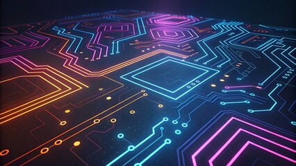 Abstract glowing neon circuit board pattern with blue, pink, and orange light trails representing digital technology, artificial intelligence, and data processing in a dark environment
