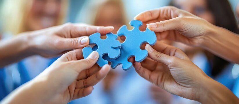 Teamwork puzzle pieces, collaboration, office setting