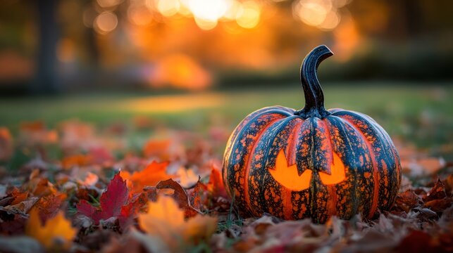 Lit jack-o'-lantern autumn leaves park sunset Halloween
