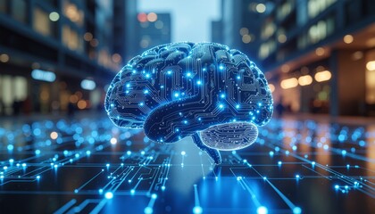 A glowing digital brain representing artificial intelligence and neural networks in a futuristic city at night.