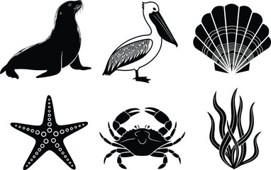 Set of marine animals and ocean life icons including sea lion, pelican, crab, starfish, seashell, and seaweed, aquatic nature vector illustration