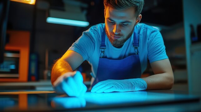 Worker cleaning kitchen counter, professional look, focus on task, possible for commercial use - Powered by Adobe