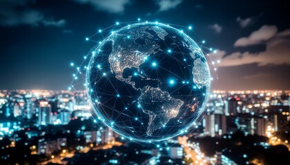 A glowing digital Earth with a network of connections hovers over an illuminated city at night.