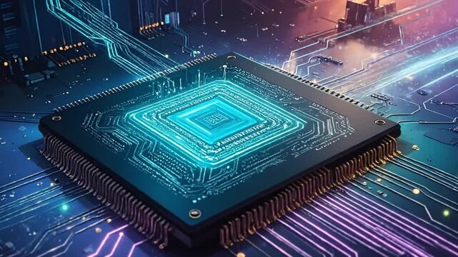 Abstract futuristic animation of a central processing unit chip on a circuit board, great for tech