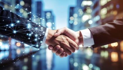 A human hand shaking a digital network hand, symbolizing a futuristic business partnership and agreement.