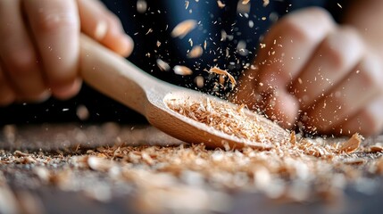Close-up of a person carving wood with a wooden spoon, creating wood shavings. The image shows the hands and spoon in action, with wood shavings in the air.