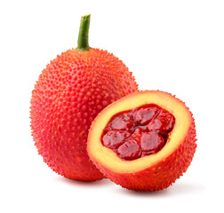 Gac fruit with half cut isolated on white.