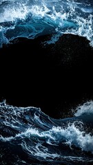 Powerful ocean waves crash and churn around a dark, central void, showcasing the sea's raw energy.