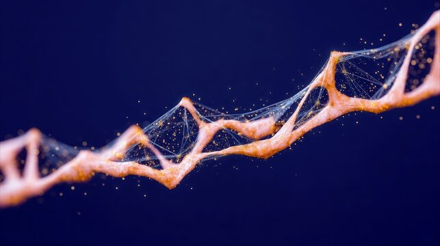A close-up of an abstract DNA strand with connected dots against a dark blue background. The strand has a textured, orange-brown appearance with a network of co