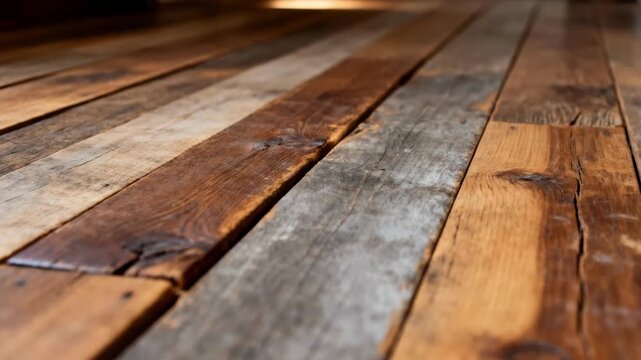 Close medium shot capturing mixed species reclaimed wood floorboards displaying a diverse palette of browns and greys with a weathered vintage appeal.