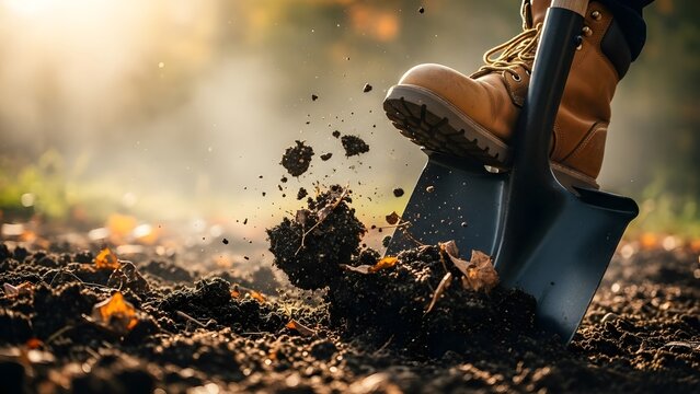 Close up detail of gardener boot digging ground with metal shovel and flying soil in sunset garden